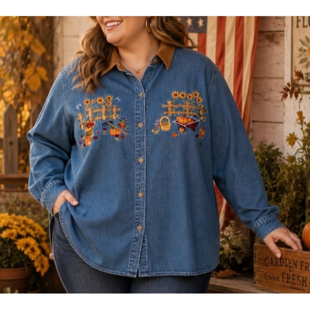 Bobbie Brooks Women Embroidered Denim Shirt Sz 26W/28W Fall Pumpkin Grandmacore